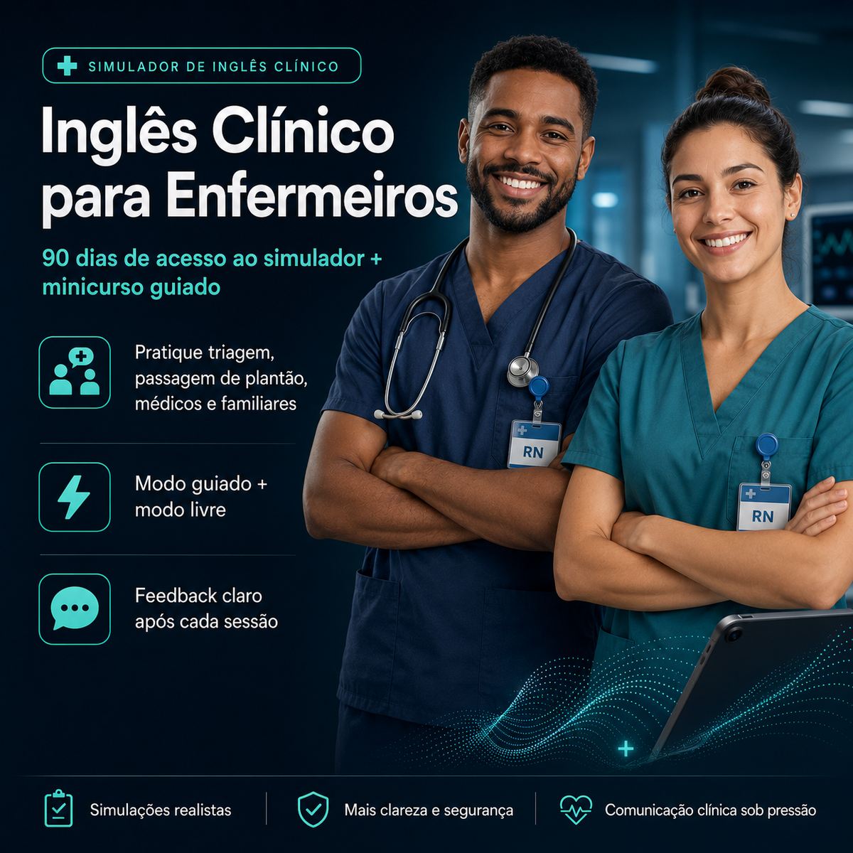 Dois enfermeiros praticando o simulador Inglês Clínico para Enfermeiros, cobrindo triagem, passagem de plantão, médicos e familiares